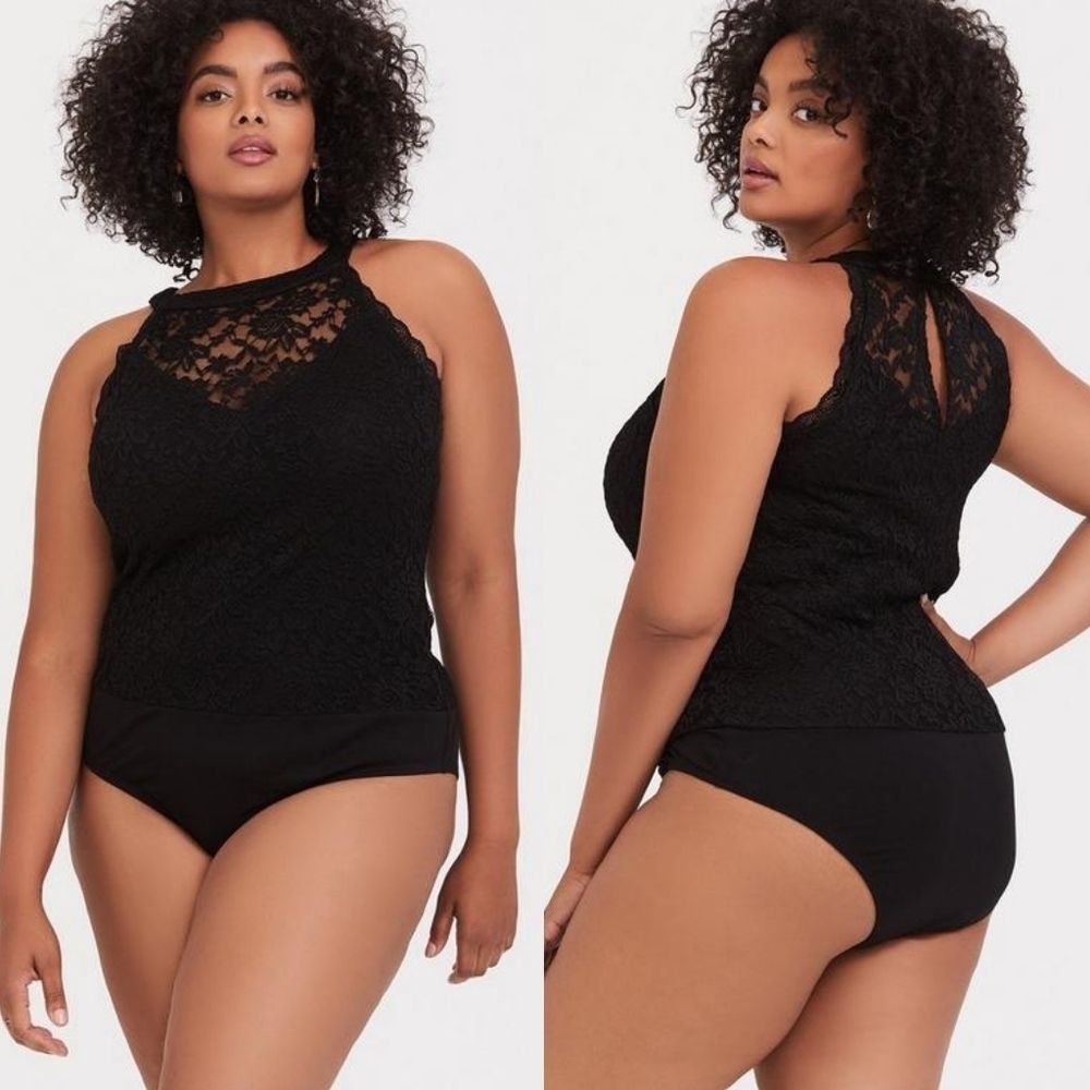 Torrid Black Lace High Neck Keyhole Button Back Stretchy Plus Size Bodysuit 3/24